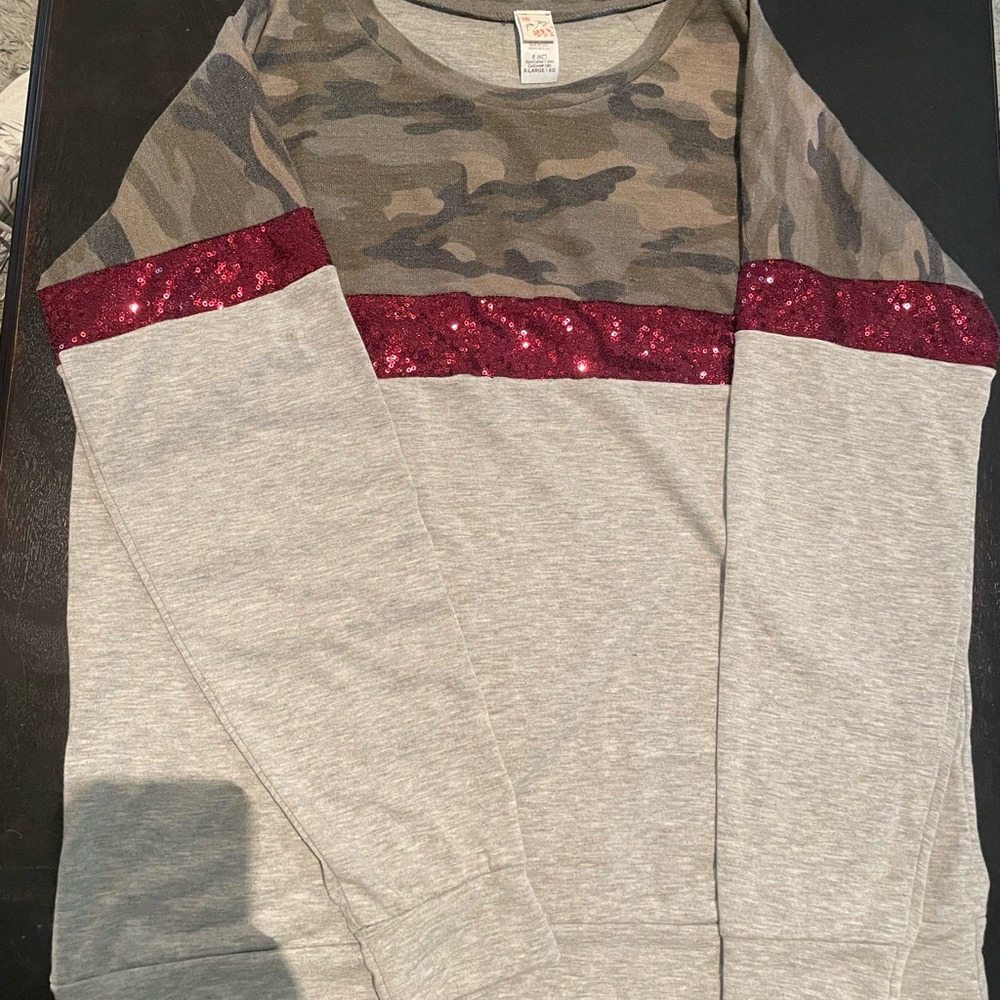7th Ray Camo and Gray Sweatshirt with Red Sequin Detail